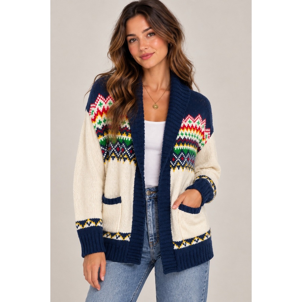 American Eagle Nordic Fair Isle Cardigan Sweater Wool Alpaca Small Preppy Navy